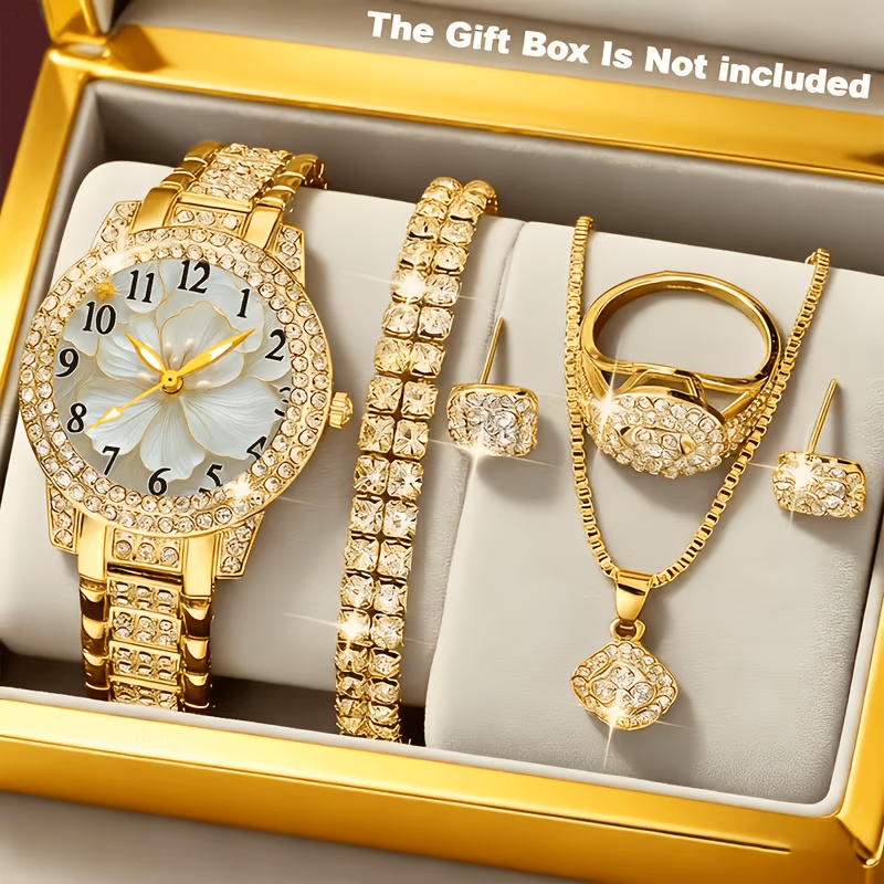 7pcs Women's Quartz Watch. Conceptual Decorative Dial Fashion Wristwatch. Comes with Bracelet, Necklace, Ring and Earrings Set. Suitable As Birthday Gifts and for Parties. Suitable for Ladies and Students.