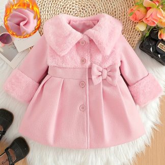 Girls' Valentine's Day Outfit, Girls' Autumn/Winter Irregular Plush Lapel Cardigan with Faux Fur Patchwork, Blend Bow, Button-Up Cardigan Jacket. Suitable for Outings, Gifting, Back-to-School Season Apparel, Back-to-School Outfits, Back-to-School
