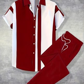 2pcs Print Men'S Summer Short Sleeve Button- Shirt And Pants Set