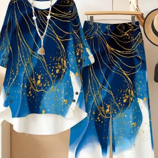 Plus Size - Elegant And Fashionable Women'S Casual Set (Women'S Round-Neck Long-Sleeve And Long Pants Set), Women'S Plus Size Ready-To-Wear Set with Multi-Element Prints, Ideal for Daily Life And Travel