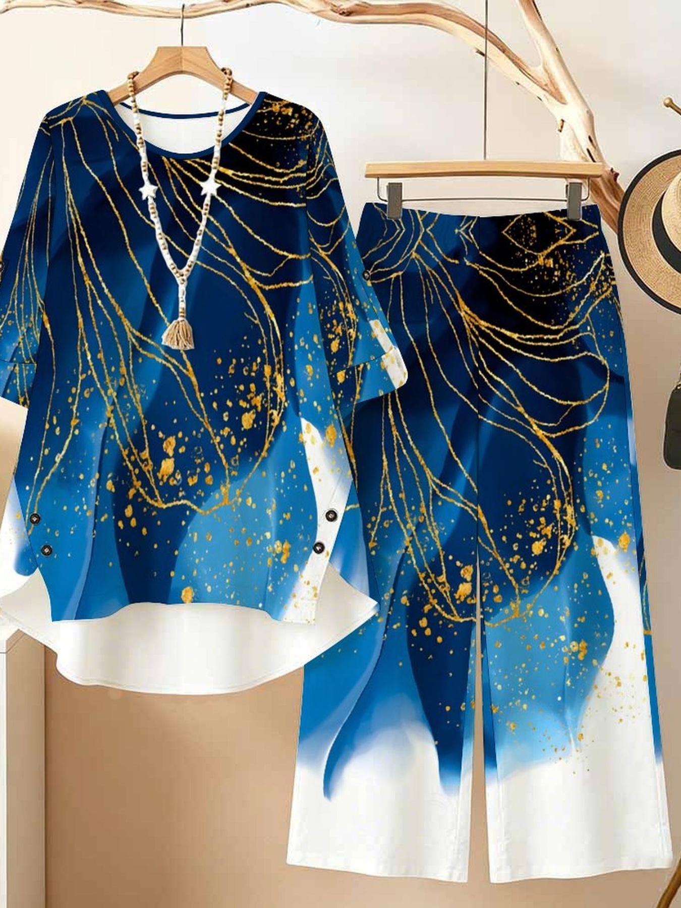 Plus Size - Elegant And Fashionable Women'S Casual Set (Women'S Round-Neck Long-Sleeve And Long Pants Set), Women'S Plus Size Ready-To-Wear Set with Multi-Element Prints, Ideal for Daily Life And Travel