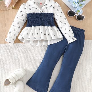 2pcs Girls' Casual Smocked Long Sleeve Top And Imitation Faux Denim Print Trousers Set, Smocked Elastic Waist And Ruffled Cuffs Design, Casual Easy Suitable for Spring Autumn Outing Clothing, for Outdoor