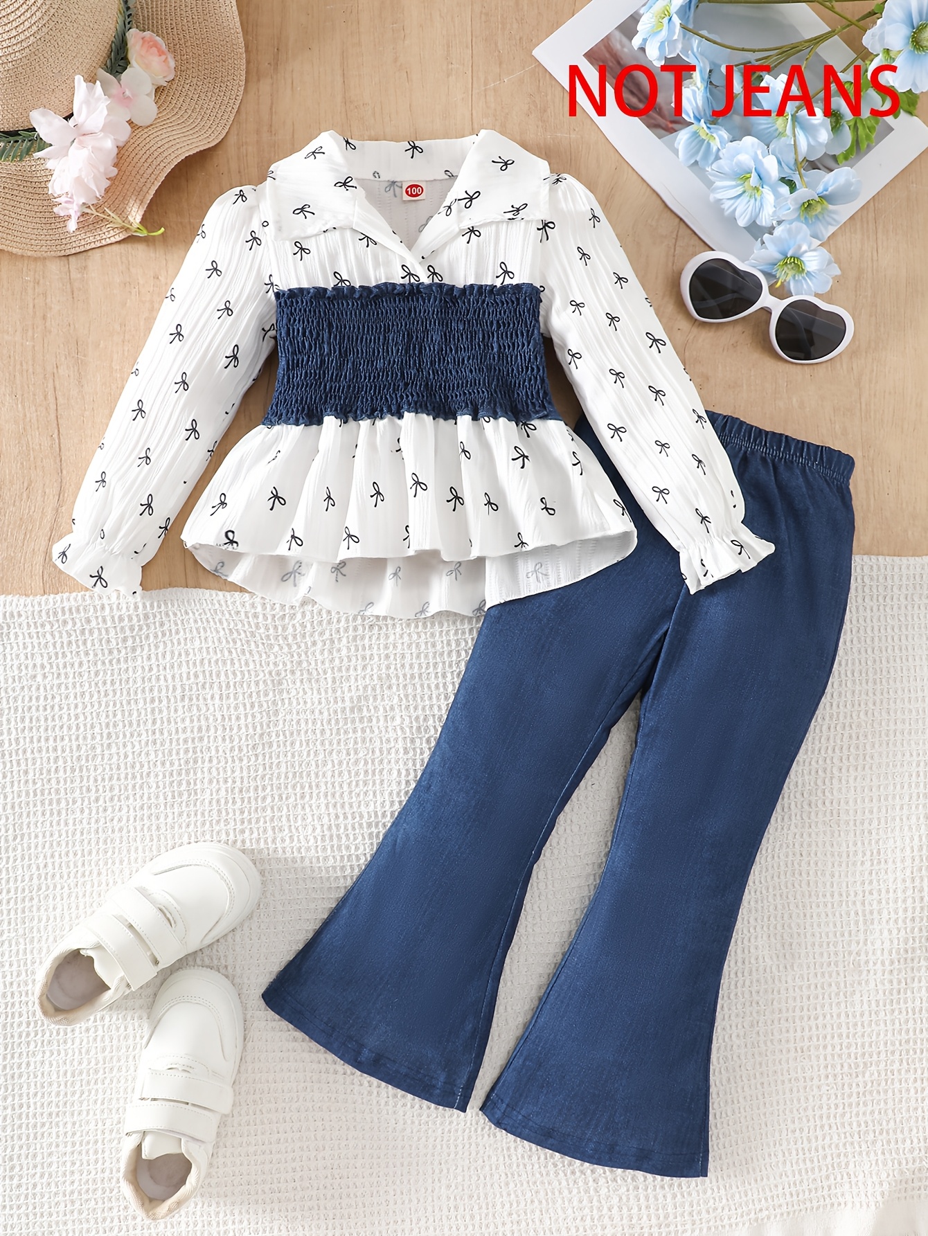 2pcs Girls' Casual Smocked Long Sleeve Top And Imitation Faux Denim Print Trousers Set, Smocked Elastic Waist And Ruffled Cuffs Design, Casual Easy Suitable for Spring Autumn Outing Clothing, for Outdoor