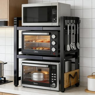 Microwave Oven Rack, 3-layer Retractable Kitchen Countertop Rack, with 6 Hooks, 3 Towel Racks and Cutting Board Rack. Suitable for Kitchen Rack, Spice Rack and Microwave Oven Cabinet. Retractable Length 40cm-64cm., Standing Shelf