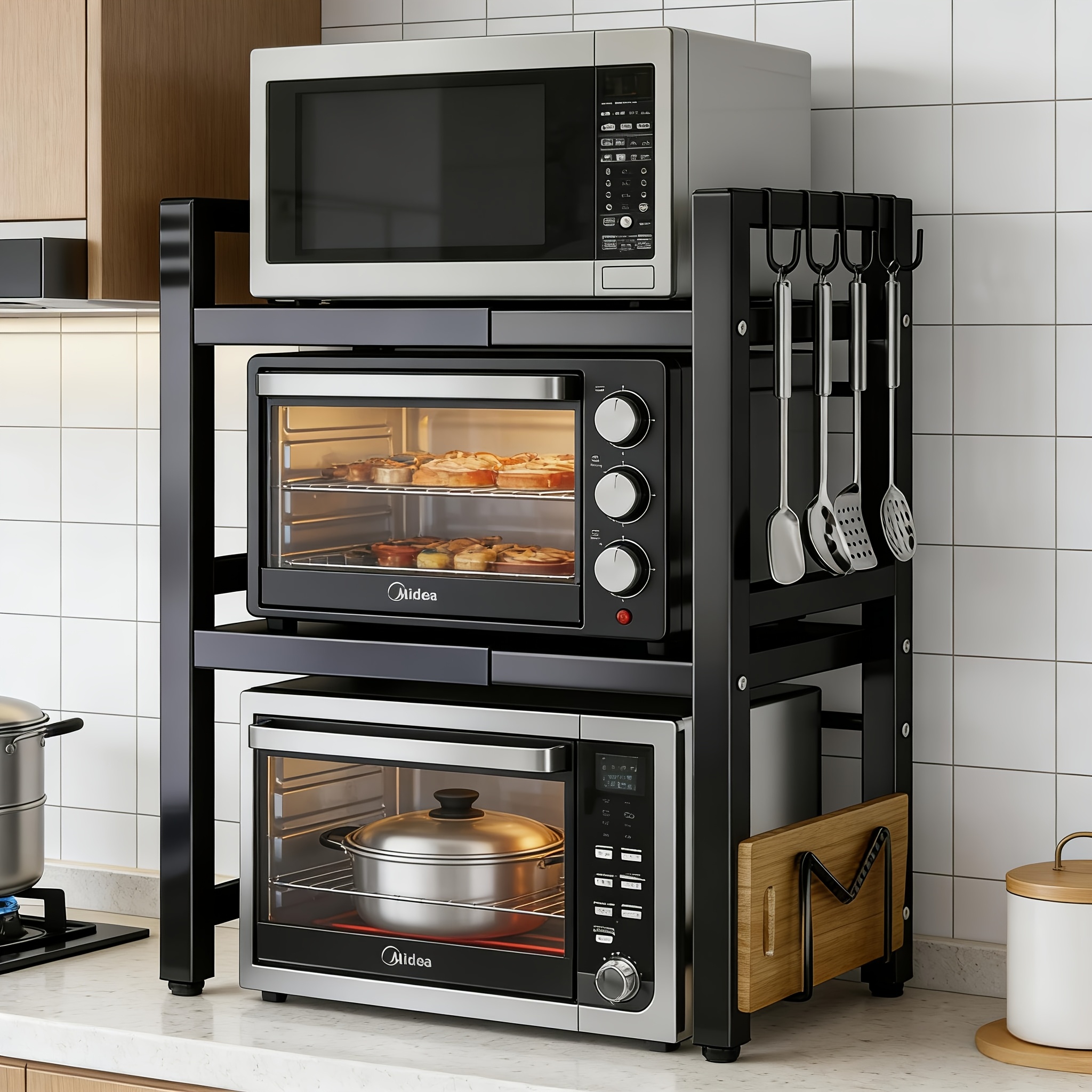 Microwave Oven Rack, 3-layer Retractable Kitchen Countertop Rack, with 6 Hooks, 3 Towel Racks and Cutting Board Rack. Suitable for Kitchen Rack, Spice Rack and Microwave Oven Cabinet. Retractable Length 40cm-64cm., Standing Shelf
