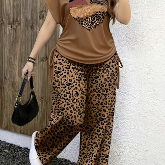 Fashionable Casual Short-Sleeve Crew Neck T-Shirt and Printed Long Pants Set