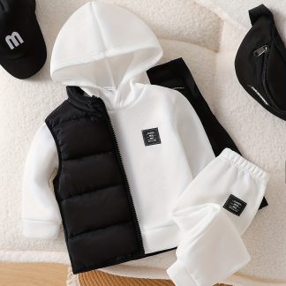 3pcs Set for Baby Boys: Black Casual Vest Vest for Warmth and Cold Protection + White Long-Sleeve Hooded Sweatshirt Top + Elastic Waist Long Pants for Spring, Autumn, and Winter. Gentlemanly and Handsome Casual Sportswear Outfit for Baby Boys.