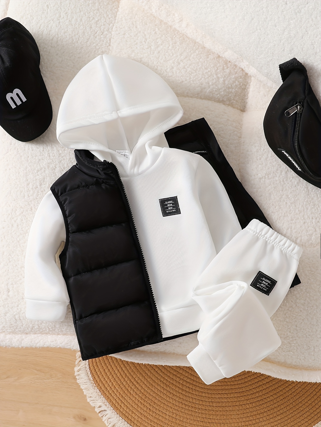 3pcs Set for Baby Boys: Black Casual Vest Vest for Warmth and Cold Protection + White Long-Sleeve Hooded Sweatshirt Top + Elastic Waist Long Pants for Spring, Autumn, and Winter. Gentlemanly and Handsome Casual Sportswear Outfit for Baby Boys.