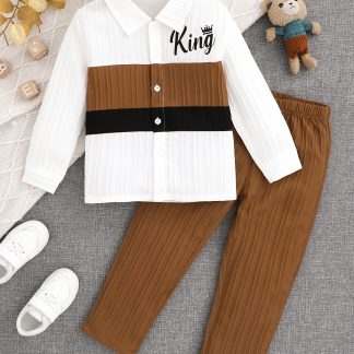 Boys' Autumn And Winter Trendy Cool 2pcs Set Letter Embroidery Color-Blocking Shirt + Khaki Vertical Striped Trousers Autumn New Suit