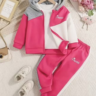 Girls' Spring/Autumn Outdoor Hooded Letter Print Long Sleeve Top with Zipper Pants Patchwork 2pcs Set, Suitable for Outdoor Casual Wear, Perfect for Outdoor