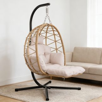 Hanging Egg Chair with Stand, Indoor Outdoor Wicker Rattan Swing Chair with Cushion and Headrest, Foldable Patio Lounge Chair for Bedroom, Balcony, Backyard, Beige & Light Pink