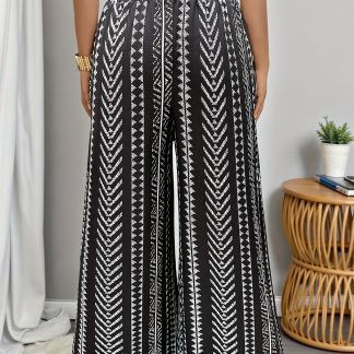 Plus Size, Plus Size Women's Loose Elegant Wide-Leg Pants with Front Bow Tie Design, Geometric Stripe Print Casual Comfortable Fashion Straight Leg Trousers
