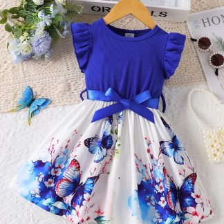 European and American girls' petal butterfly print splicing pleated hem dress with belt, suitable for casual vacation parties. Perfect for outdoor occasions