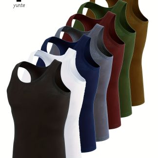 7pcs Men's Tank Tops in 7 Colors: Black, White, Navy, Gray, Maroon, Army Green, and Khaki. Fashionable, Breathable, Comfortable, and Quick-drying Workout Vests. Casual Solid-color Tops for Men's Summer Wear. Men's Sweatshirt Tops