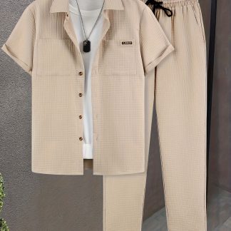 Summer Men'S Casual Bread Check Texture Short Sleeve Long Pants Shirt Set, 100% Polyester, Double-Pocket Shirt, Reversible Collar Woven Short Sleeve Top Machine Washable And Dry Clean Mature Non-Stretch Fashion Suitable for Outdoor/Office/Dating Han