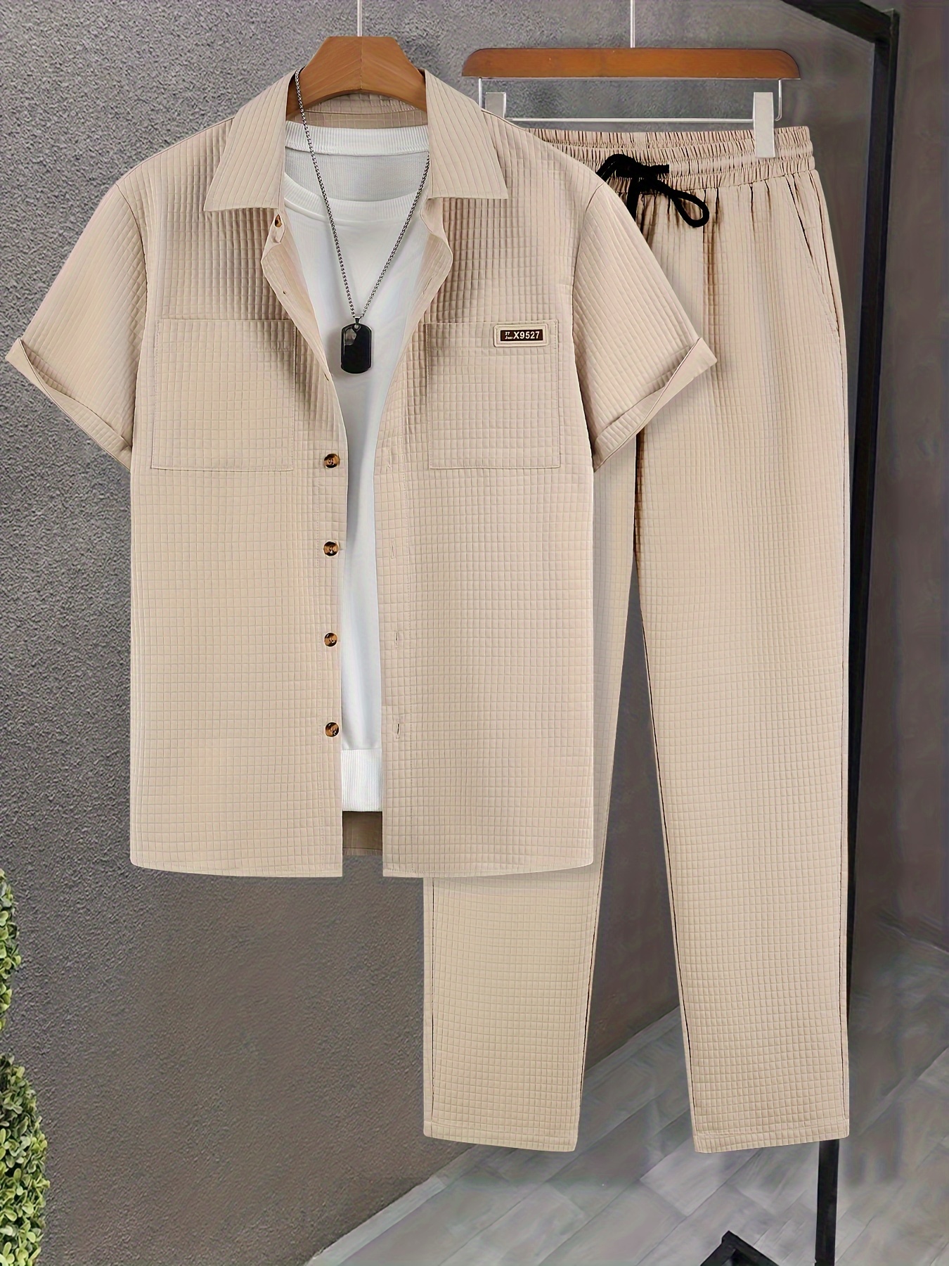 Summer Men'S Casual Bread Check Texture Short Sleeve Long Pants Shirt Set, 100% Polyester, Double-Pocket Shirt, Reversible Collar Woven Short Sleeve Top Machine Washable And Dry Clean Mature Non-Stretch Fashion Suitable for Outdoor/Office/Dating Han
