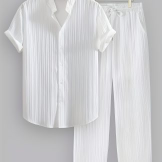 2pcs Men's Summer Striped Polyester Set, Short-Sleeve Stand Collar Shirt and Drawstring Pants, Non-Stretch Fabric, Suitable for Casual Wear and Beach Vacations, Solid Color