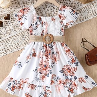 White Waist-Cinching Print Short-Sleeve Round-Neck Casual Dress for Girls