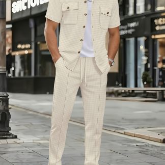New Men's Casual Suit with Waffle Collar, Solid Color Button Pocket Cardigan, Short Sleeved T-shirt Top, Outdoor Versatile, High-end Trendy Men's Short Sleeved Pants 2pcs Set