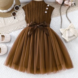 Girls' Romantic Elegant Mock Neck Sleeveless Pearl Button Belt Mesh Dress, Suitable for Outdoor Casual And Party Wear