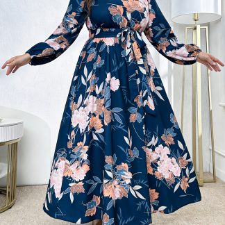 Plus Size, Plus Size Navy Blue Maxi Dress - Belted Waist -Line Dress Suitable for Spring/Autumn, Machine Washable Flowy Maxi Dress with, Round Neck Casual Wedding Guest Dress, Office to Outfits