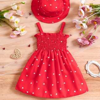 Girls' 0-3 Years Summer 2pcs Set: Sleeveless Heart Print Wrap Camisole Dress + Hat Princess Dress, Two Colors Available