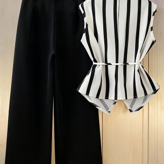 Women's Spring/Summer Casual 2pcs Set: Wide Stripe Wrap-Front Bow Tie Shirt + Button-Decorated Slant Pocket Wide-Leg Pants, V-Neck Crisscross Design, Paired with High-Waist Wide-Leg Trousers; Practical, Neat, and Simple