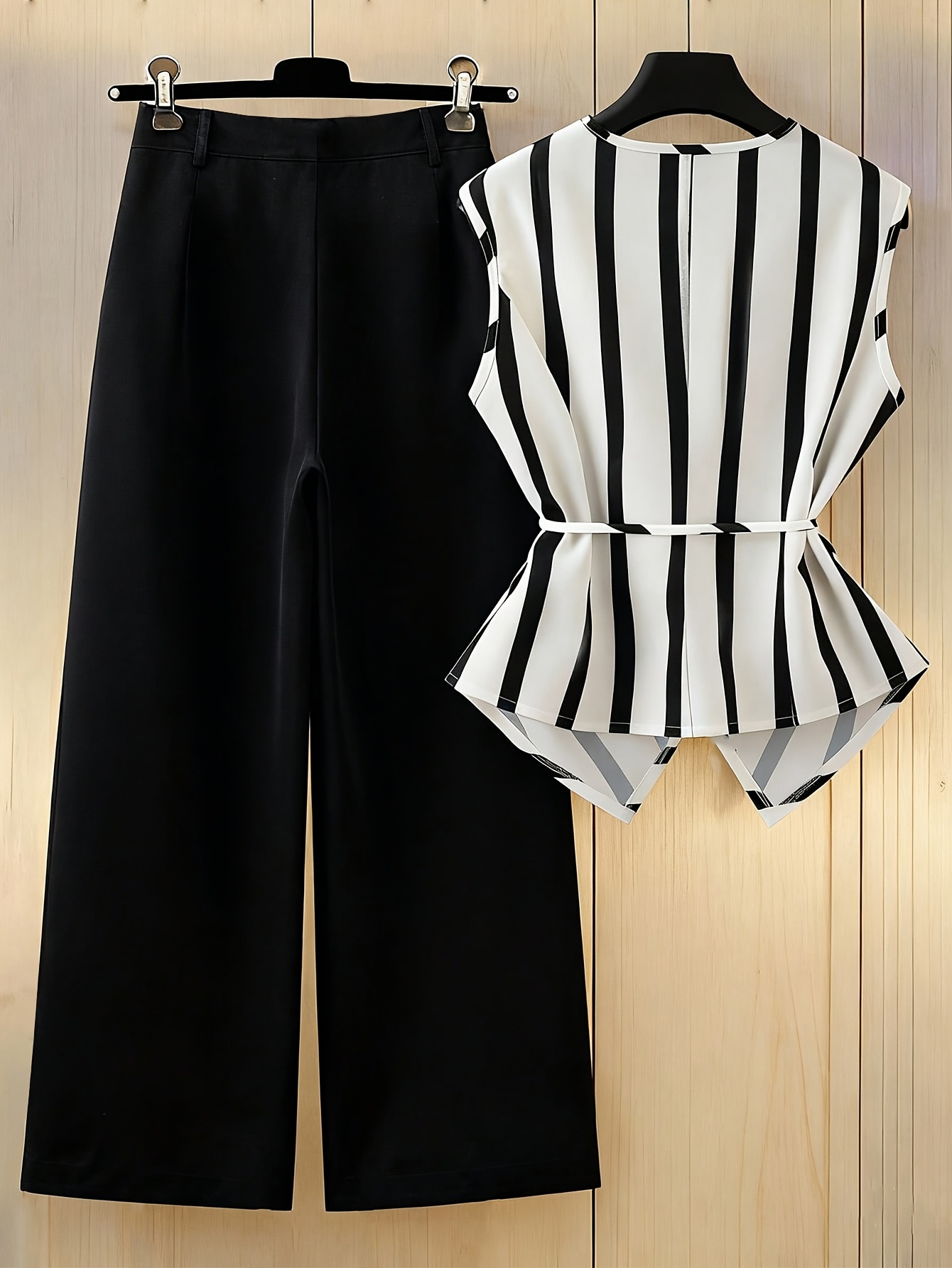 Women's Spring/Summer Casual 2pcs Set: Wide Stripe Wrap-Front Bow Tie Shirt + Button-Decorated Slant Pocket Wide-Leg Pants, V-Neck Crisscross Design, Paired with High-Waist Wide-Leg Trousers; Practical, Neat, and Simple