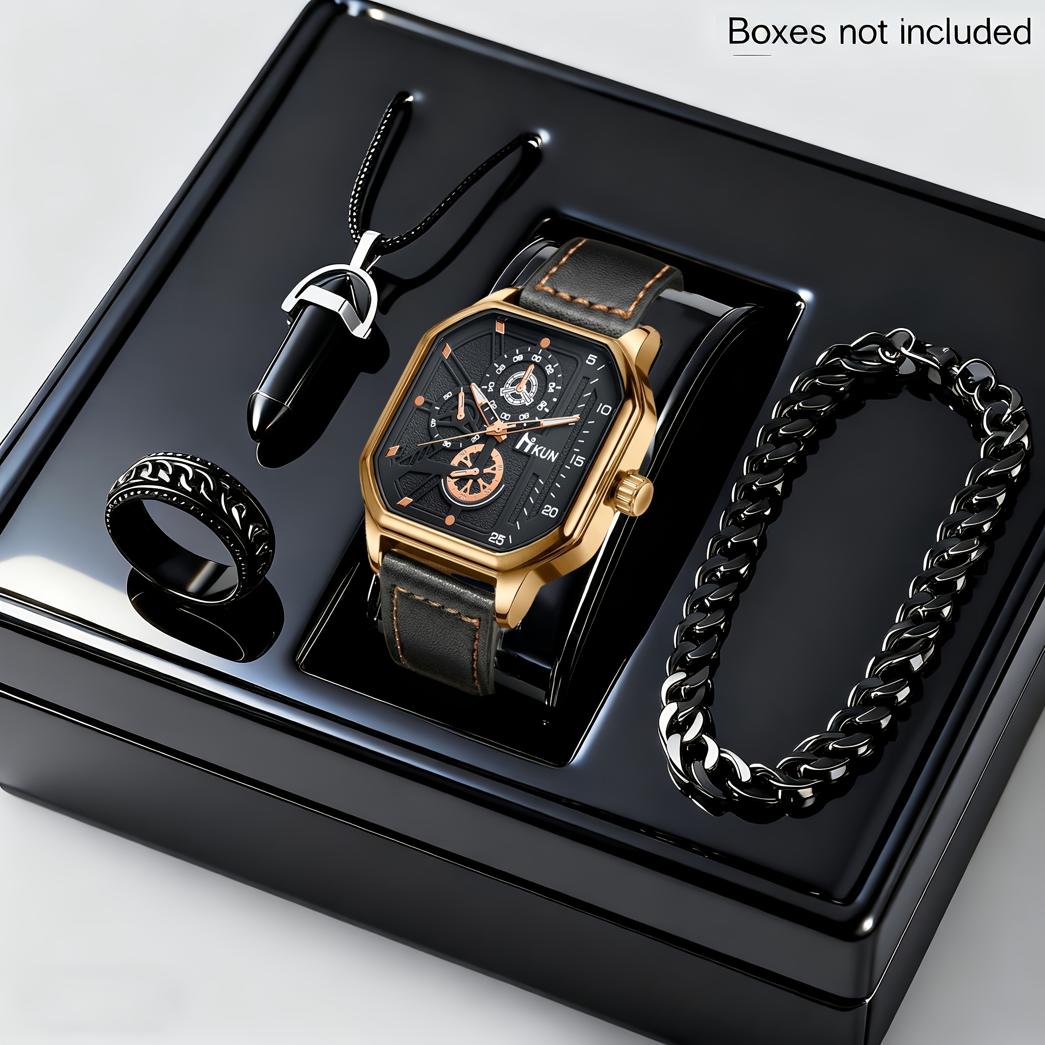 4pcs Men's Fashionable and Elegant Watch Set with Versatile Bracelet, Ring, and Necklace - The Perfect Gift for Him on Father's Day or Birthday - Image 3