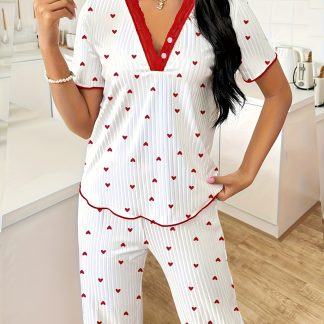 Autumn And Winter Pajamas Women'S Sexy V-Neck Lace Cherry Print T-Shirt Slim Long Pants Home Wear Set