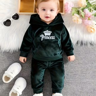 Girls' Long Pants Set, Magenta Hooded Sweatshirt and Sweatpants, New Autumn/Winter Warm Pullover Top, Velvet Fabric 2pcs Set, Princess English Letter Embroidery with Pocket and Mouse Patch, Festive Holiday Style Baby Girl Clothing