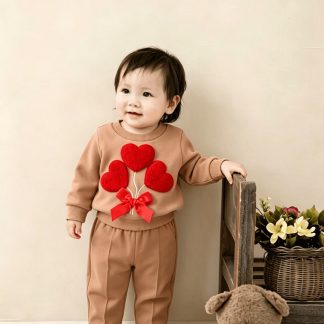Baby Girl Fashion Romantic 2pcs Set 3D Heart Embroidery Patch Bowknot Small Round Neck Long-Sleeve Sweatshirt Top And Casual Solid Color Lace Elastic Waist Loose Straight Leg Pants Set, for Outdoor