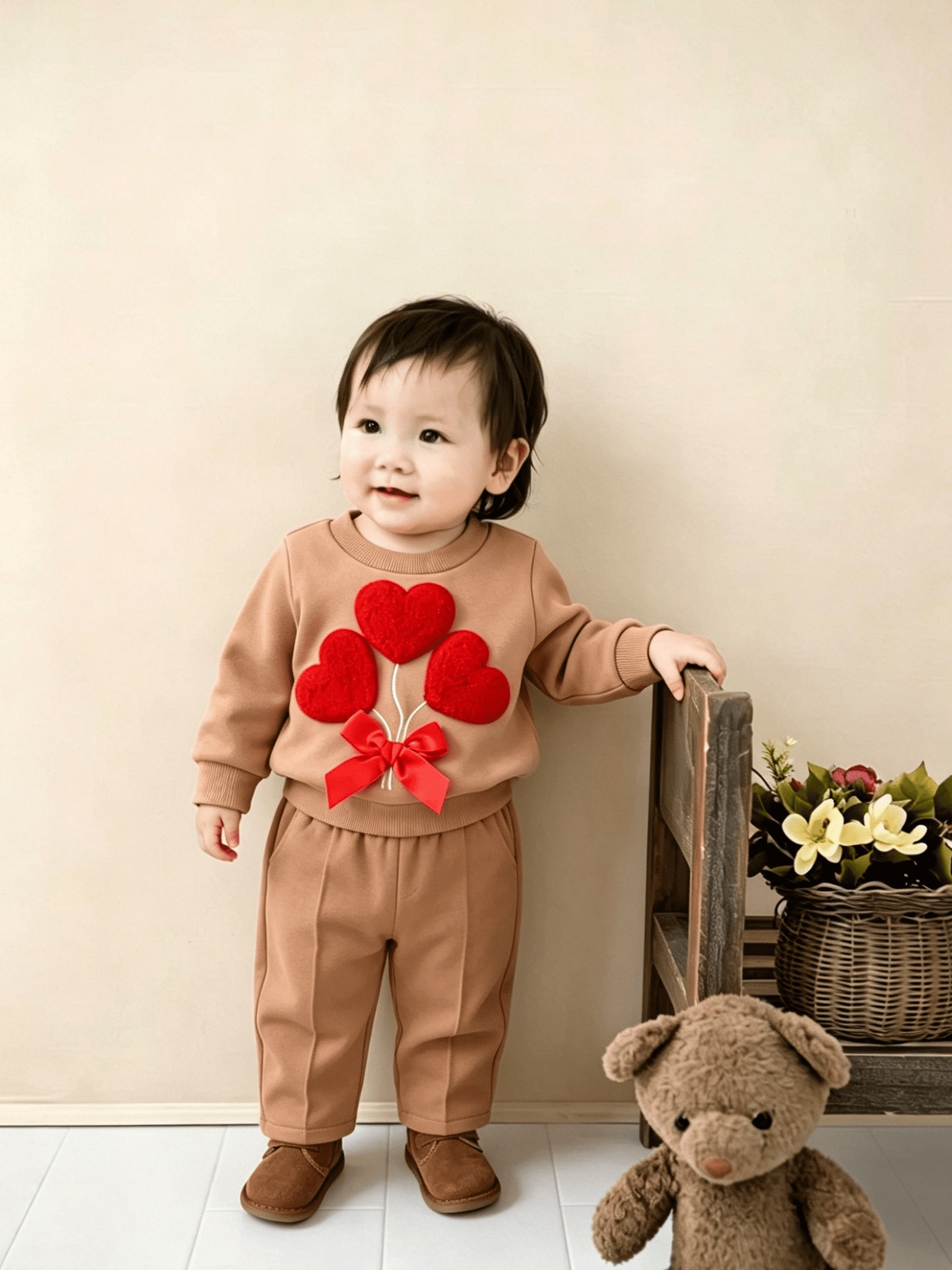 Baby Girl Fashion Romantic 2pcs Set 3D Heart Embroidery Patch Bowknot Small Round Neck Long-Sleeve Sweatshirt Top And Casual Solid Color Lace Elastic Waist Loose Straight Leg Pants Set, for Outdoor
