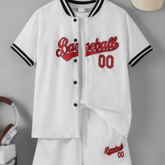 2Pcss Boys' Shirt And Shorts Set with Trendy English Letter 2Pcss Casual All-Match Top And Shorts Outfit Summer New Comfortable Handsome Casual Set, for Outdoor