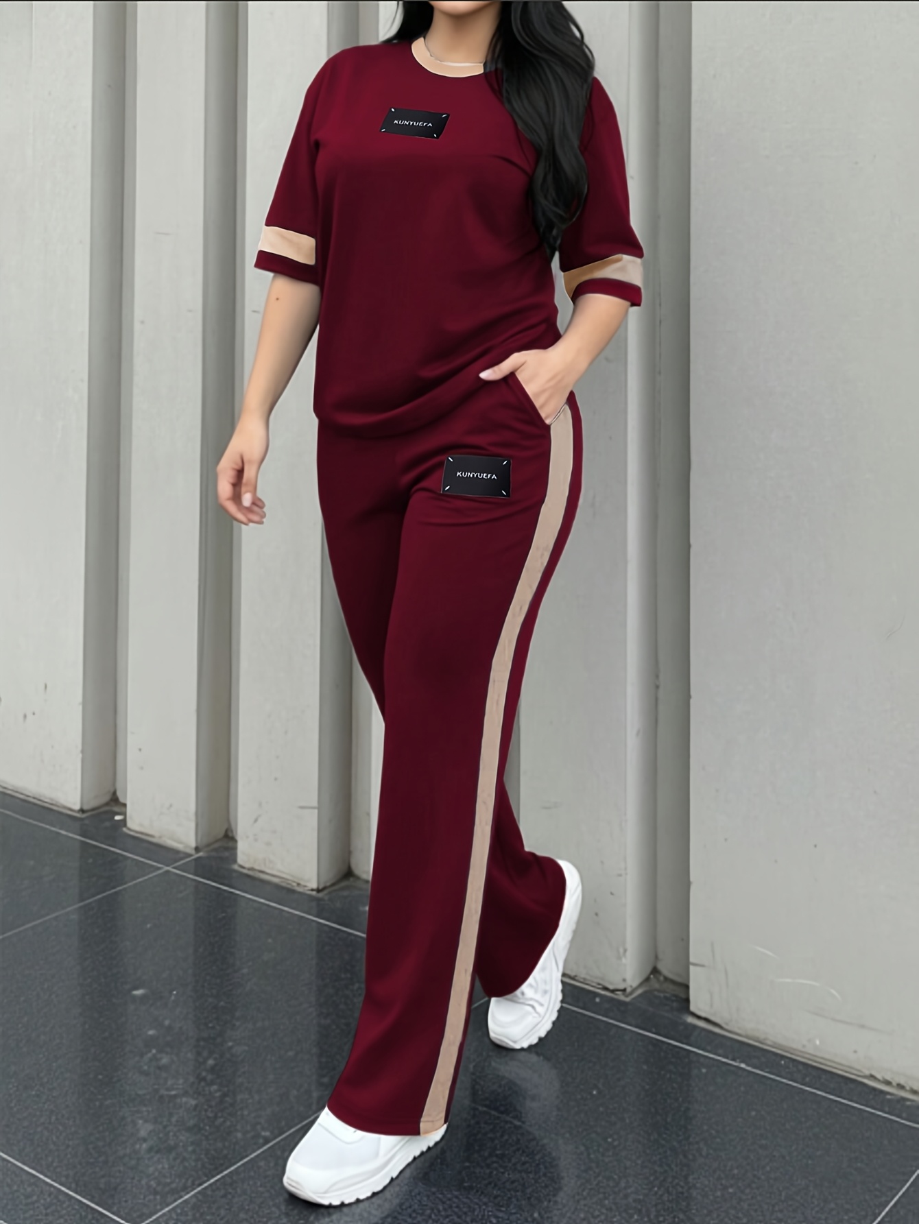 Women's New Elegant Casual Round Neck Short Sleeve Color Block Patchwork Comfortable T-Shirt and Casual Comfortable Long Pants 2pcs Set LLDX - Image 6