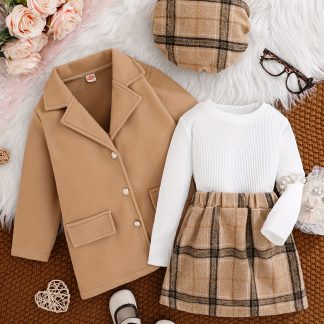 Girls' Autumn Winter Fashion 4pcs Set, Blend Button Lapel Coat And Solid Color Ribbed Long Sleeve Top, Elastic Waist Plaid Skirt And Beret Hat Outfit, Stylish And Cute Style, Suitable for Outdoor Activities And Daily Wear