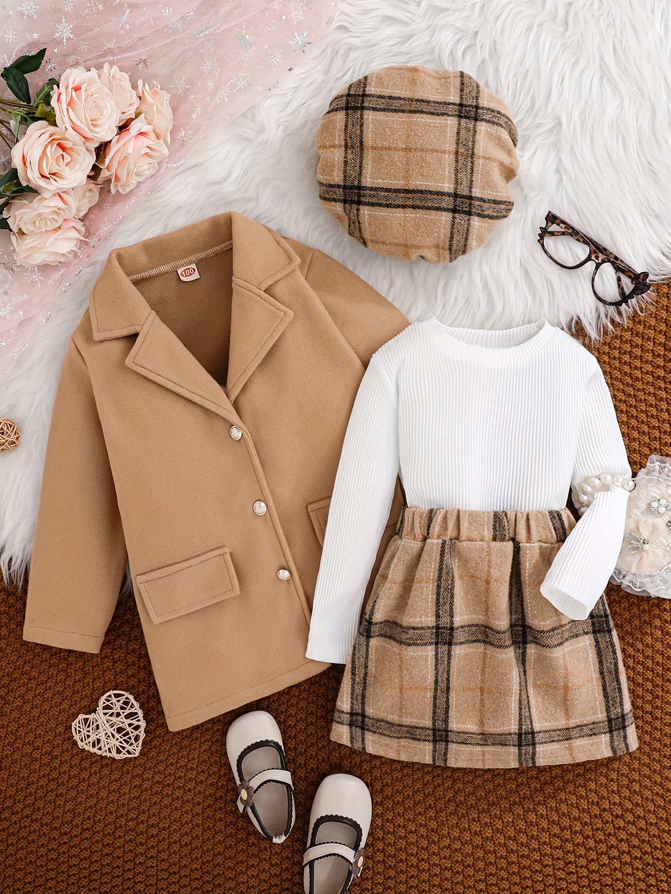 Girls' Autumn Winter Fashion 4pcs Set, Blend Button Lapel Coat And Solid Color Ribbed Long Sleeve Top, Elastic Waist Plaid Skirt And Beret Hat Outfit, Stylish And Cute Style, Suitable for Outdoor Activities And Daily Wear