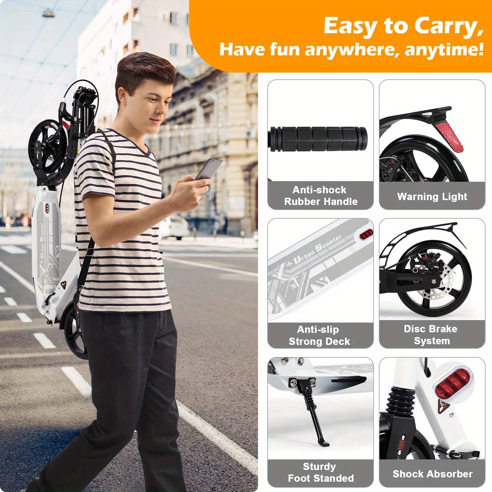 Adult Kick Scooter, Non-Motorized with 200 Mm Large Wheels, Features Disc Brakes, Back Strap, And Double Suspension, Foldable Design, Without Battery - Image 4