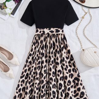 Leopard Print Dress with Detail & Cinching Waist - Short Sleeve Dress Suitable for, Parties, Casual Attire | Machine Washable Knee-Length Dress with Contrast Hem for to Teen Fashion