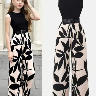 Summer Girls' Sleeveless Top with Patchwork Print, High-Waisted Wide-Leg Pants, Waist-Cinching Jumpsuit with Belt for Daily Casual Commute Wear, Perfect for Outdoor