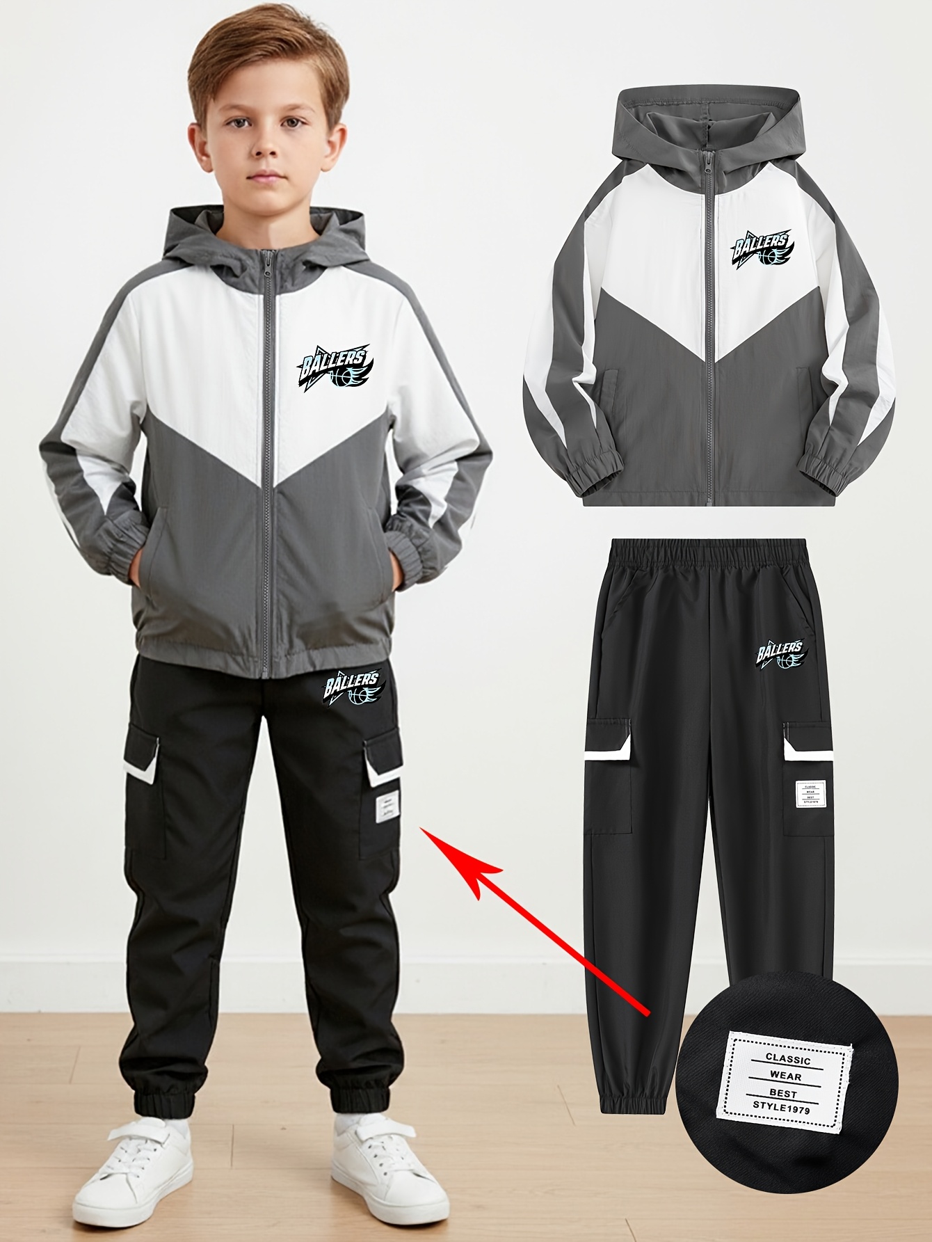 Boys' Casual Outfit, Contrast Jacket And Solid Color Ankle Pants, Basketball Print Design, Fashionable And Easy, Suitable for Children Over 3 Years Old, And for Daily Casual Wear, Outdoor Play, Running, Cycling, And Other Sports, for Outdoor