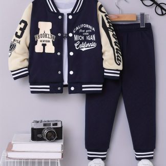 2pcs Kids' Baseball Style Outfit, Featuring Navy And Beige Contrast Jacket with Letter, Number, And "California" Prints, Matching Solid-Colored Athletic Pants, Trendy And Comfortable, Overall American Casual Style, Suitable for Daily Wear