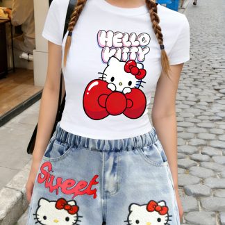 SANRIO 2026 Spring/Summer New Arrival Girls' Short-Sleeve T-Shirt and Imitation Denim Shorts 2pcs Set, Printed Design - Not Textured 2D Printing, Hello Kitty Cute Cat with Bow Headband Print, Girls' Favorite Clothing, Y2K Style