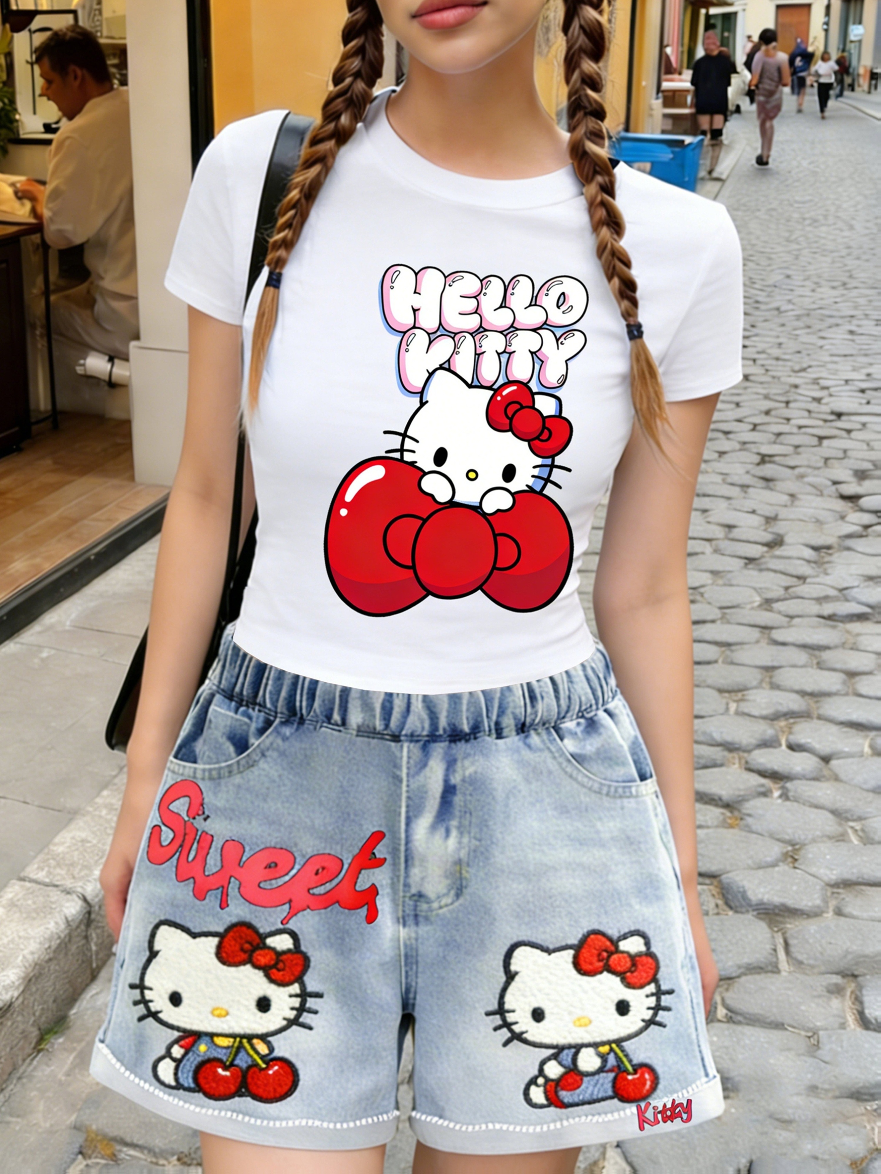 SANRIO 2026 Spring/Summer New Arrival Girls' Short-Sleeve T-Shirt and Imitation Denim Shorts 2pcs Set, Printed Design - Not Textured 2D Printing, Hello Kitty Cute Cat with Bow Headband Print, Girls' Favorite Clothing, Y2K Style