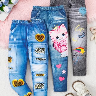 3pcs Girls cute flower & cat & rainbow print imitation denim pants leggings for kids childrens gift halloween daily activities, Perfect for Outdoor
