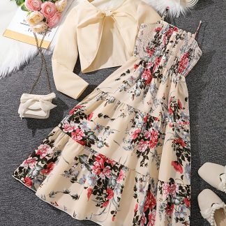 2pcs Teen Girl Floral Spaghetti Suspender Dress and Solid Color Cardigan Set, Spring & Autumn Casual Outfit, Perfect for Outdoor