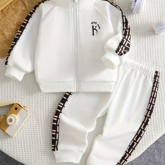 Cute Baby Boy White Stand-Up Collar Tracksuit with Side Stripes, Handsome Casual Two-Piece Set, Daily Wear, Cute Wear, Handsome Wear, for Outdoor
