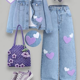 Light Blue Washed High-Waist Jeans, with Multi-Dimensional Plush Heart Towel Embroidery on Legs, Predominantly Light Purple And White, Scattered on Both Sides of The Trousers, Soft Texture with Romantic Colors