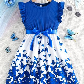 Girl's Romantic Round Neck Ruffle Sleeve Spliced Butterfly Print Dress + Belt, Perfect for Gifts, Daily Wear/Festive Occasions, Outdoor/Party Outfit