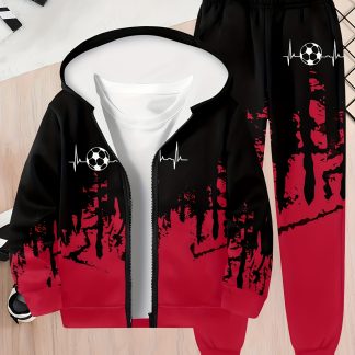 Spring And Autumn Boys' Sweatshirt Set, Featuring a 3D Print Red And Black Contrasting Football Design, Long-Sleeve Zip-Up Sweatshirt Set for Outdoor Sports, Stylish Boys' Hooded Cardigan Sweatshirt Set with Appealing Football Elements